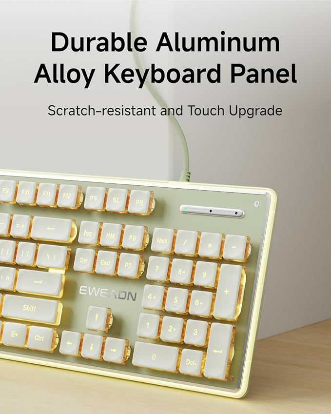 EWEADN GX710S Backlit Computer Keyboards, Wired USB Keyboard with Warm Backlit, Metal Panel, Plug and Play, Pudding Keycaps Full Size Quite Computer Keyboard for Win/PC/Laptop-Green