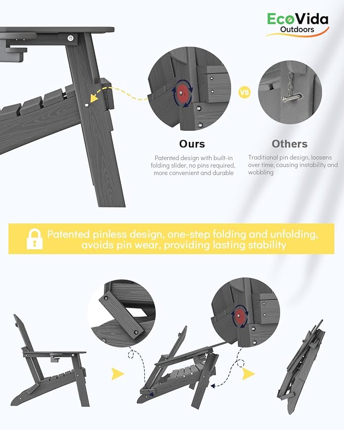 3-Piece Folding Adirondack Chair Set - 38" Extra Tall Back & Embossed Wood Grain, Oversized HDPE Patio Furniture with Side Table & Cup Holders, 380lb Heavy Duty,Grey