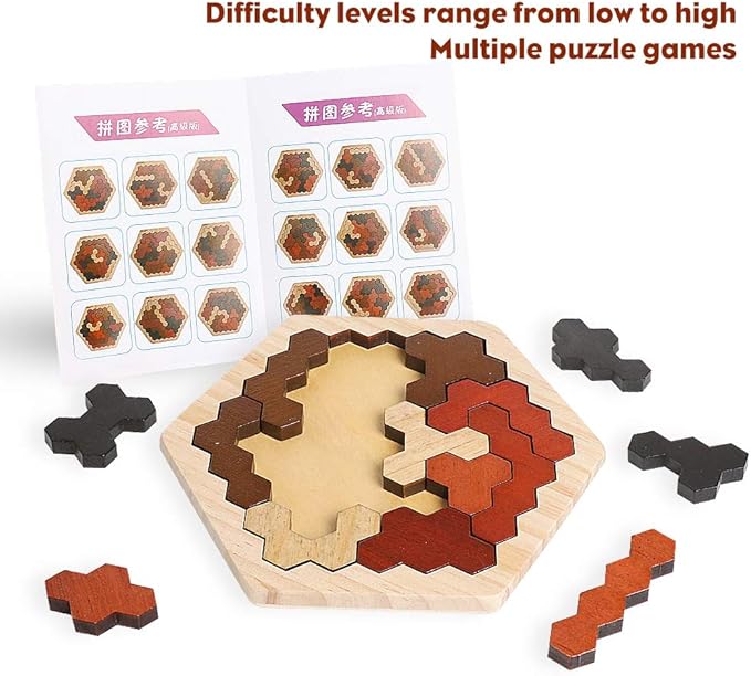 Skrtuan Wooden Hexagon Puzzle for Kids & Adults, Montessori STEM Educational Toy with Colorful Shapes, Logic IQ Brain Teaser Game for All Ages, Geometry Tangram Gift