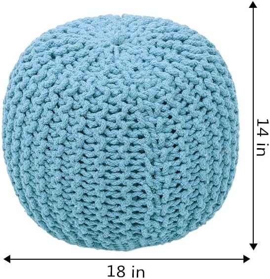 The Home Talk Ottoman Floor Poufs for Living Room Hand Knitted Foot Rest Comfortable Pouffe 100% Cotton Braid Cord Bean Bag for Armchair, Bedroom, DĂŠcor, 18"x18"x14", Turquoise