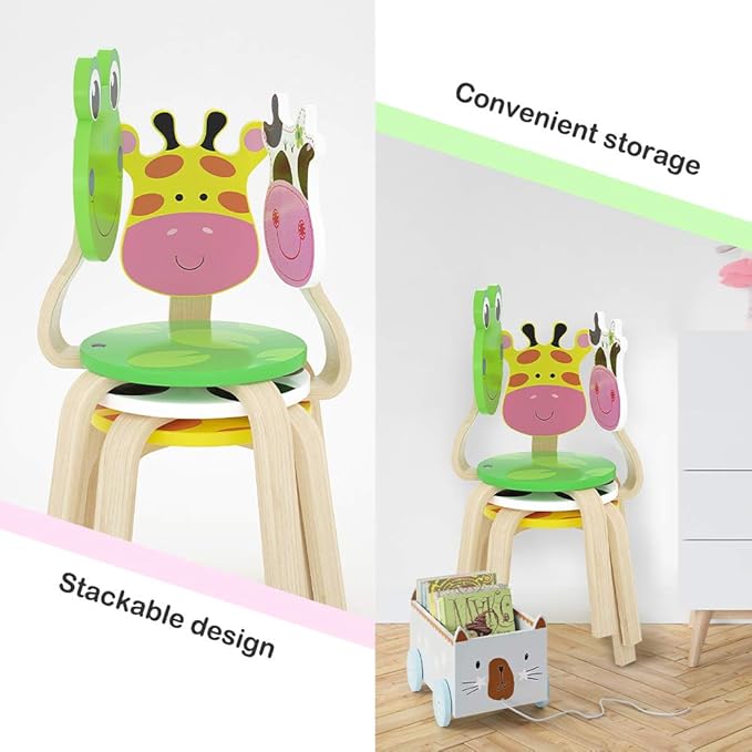 iPlay, iLearn 2 PCS Wooden Kids Chair Sets, Natural Hardwood 2 Giraffe Animal Children Chairs, Furniture Set for Toddlers Kids Boys Girls, Stackable for Playroom, Nursery, Preschool, Kindergarten