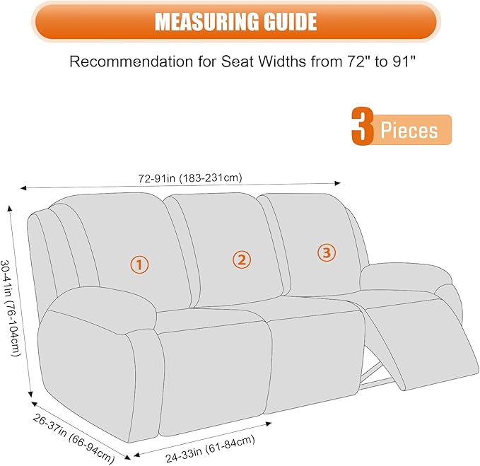 VANSOFY Recliner Cover, 3-Pieces Stretch Reclining Couch Covers with Pockets Reclining Sofa Slipcovers 3 Seater Soft Washable Furniture Protector for Dogs Cats(Off White)