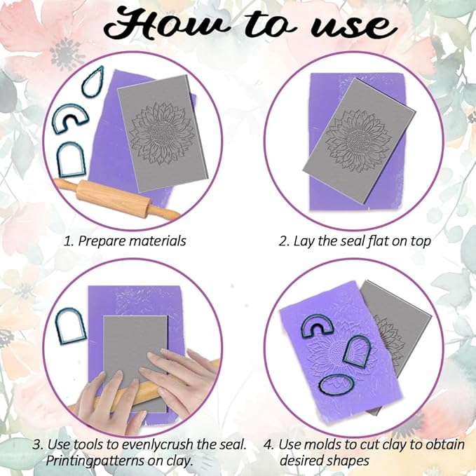 4PCS Polymer Clay Flowers Leaves Texture Sheets Set for Using with Clay Cutters Boho Clay Mat Effect as Clay Texture Roller Polymer Clay Tools Clay Earrings Texture Mats for Polymer Clay