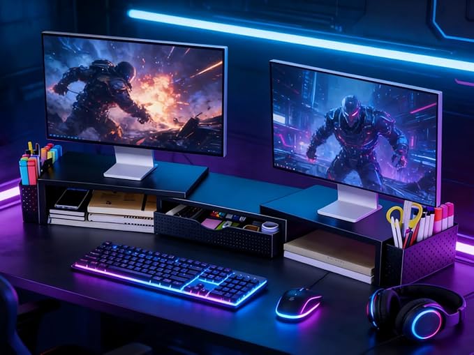 Spacrea Metal Desk Organizers and Accessories, Dual Monitor Stand Riser with Drawer and 2 Pen Holders, Desk Accessories & Workspace Desktop Organizers for Office Supplies (Black)