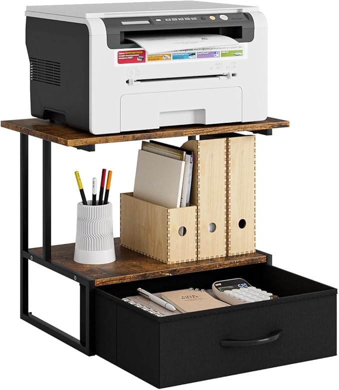 Masupu Printer Stand for Desk, Printer Table with Fabric Storage Drawer, 2 Tier Desktop Shelf, Multi-Purpose Desk Organizer for Home Office, 3D Printer, Fax Machine, Scanner, Rustic Brown