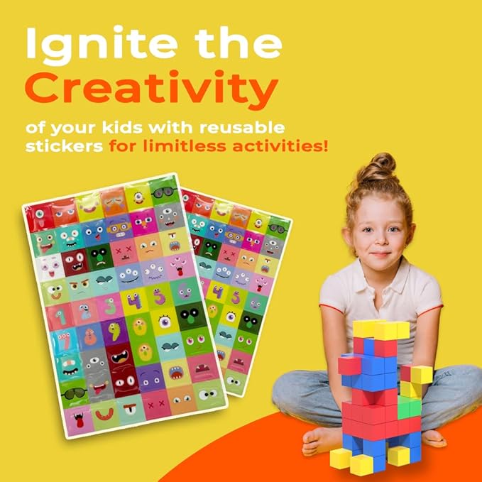 Magnetic Blocks for Kids Ages 4-8, 56 Magnetic Building Cubes & 54 Educational Stickers, STEM Magnet Cube Toy for Boys & Girls. Magnetic Cubes for Learning & Creative Play - Birthday