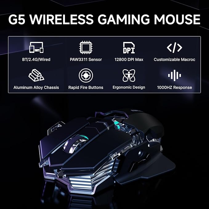 EWEADN G5 Wireless gaming mouse, 12800 Adjustable DPI RGB Mouse with 6 Backlit Modes, Rapid Fire Key, 9 Programmable Macro Buttons, Rechargeable Bluetooth Mouse for PC/Mac/Laptop - Black