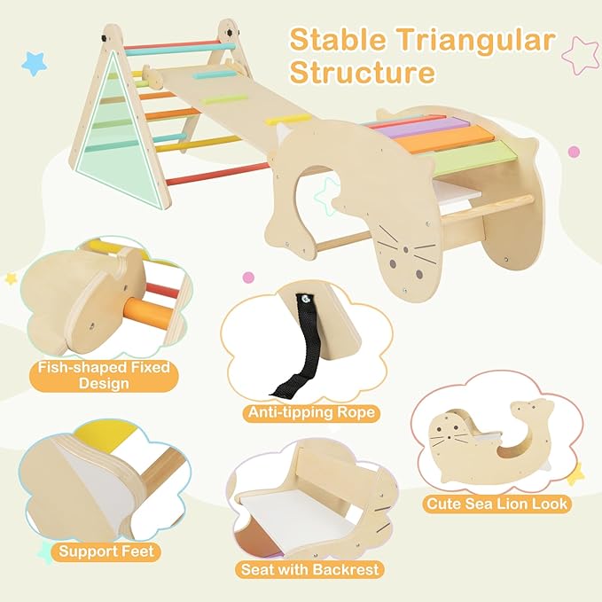 Costzon Climbing Toys for Toddlers, Foldable Montessori Wooden Arch Climber Ladder with Sliding Ramp, Play Table, Multi-Combination Methods, Kids Triangle Climber Play Gym Set for Boys Girls Present