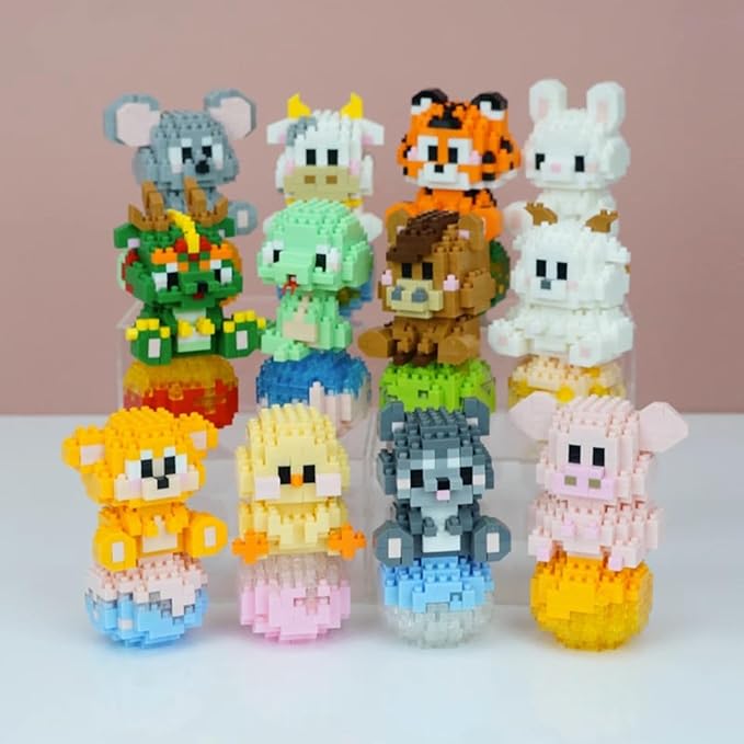 12 Mini Animals Building Blocks Sets Building Block Party Favor for Kids Small Zodiac Animals Pets Horse Dog Monkey Tiger Rabbit Dragon STEM Educational Toys for Boys Girls(Dog)