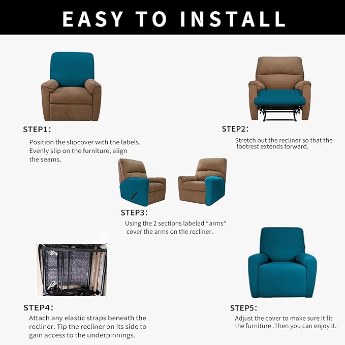 Easy-Going 100% Dual Waterproof Recliner Cover Stretch Soft Couch Cover for Dogs, Sofa Slipcover for Recliner Couch Leakproof Furniture Protector for Kids, Pets Peacock Blue