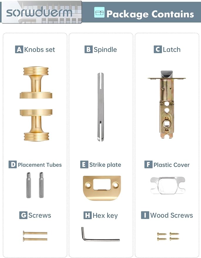 1 Pack Gold Door Knob Passage Door Knobs Brushed Gold Interior Satin Brass Door Handle for Hall and Closet,Zinc Alloy