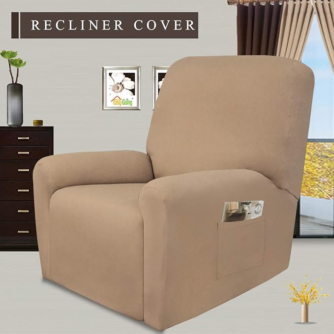 Easy-Going 4 Pieces Microfiber Stretch Recliner Slipcover – Spandex Soft Fitted Sofa Couch Cover, Washable Furniture Protector with Elastic Bottom for Kids, Pet(Recliner, Camel)