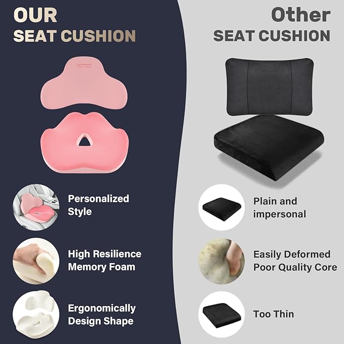 Coverado Car Seat Cushion and Lumbar Support Pillow, Memory Foam Ergonomic Back Support Driving Seat Cushion for Sciatica, Tailbone, Back Pain, Non-Slip Washable Cushion for Car, Driver, Office