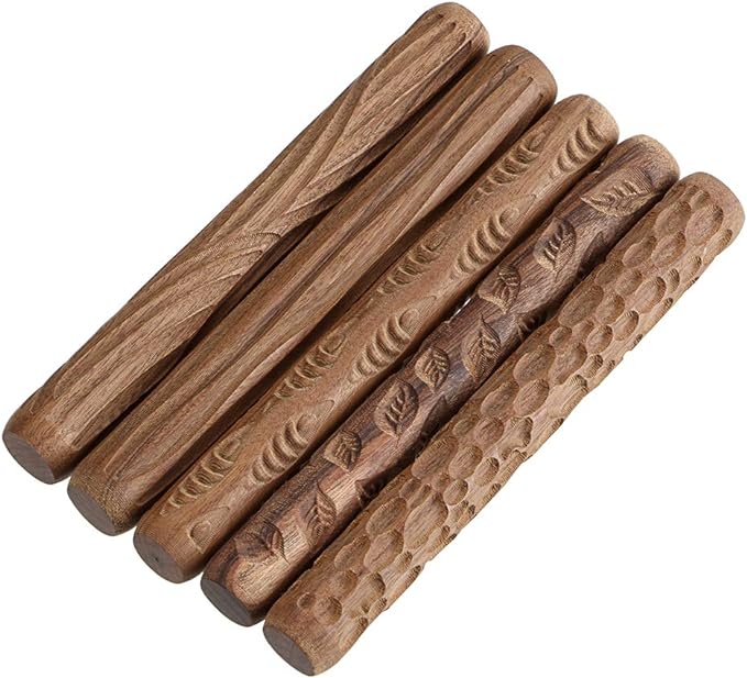OwnMy Set of 5 Clay Modeling Pattern Rollers Kit, Fish Leaves Cobblestone Ripple Wood Grain Pattern 4.7 in Clay Rolling Pin Textured Hand Roller Wooden Handle Pottery Tools Set
