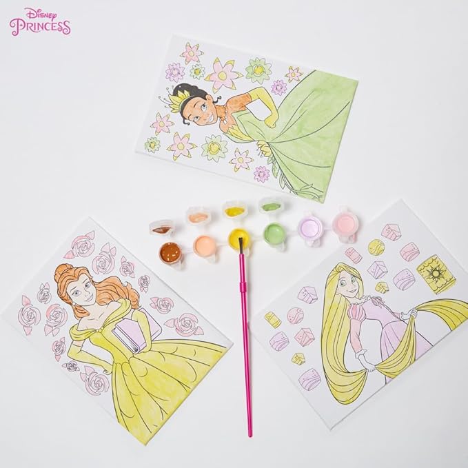 Innovative Designs Disney Princess Canvas Paint Set for Kids with 3 Canvases, Acrylic Paint, Paintbrush, & Easel