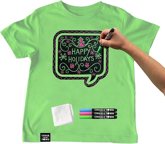 Green Speech Bubble Chalkboard Short Sleeve T-Shirt Kit for Kids with 3 Markers and 1 Stencil (Youth Medium)