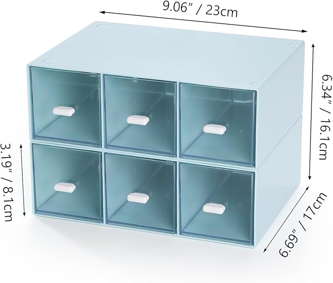 Desktop Drawers, Desk Organizer with 6 Drawers, Stackable Plastic Storage Box for Home Collection, Cosmetics, Jewelry, Office Supplies (2 Tall Layers, Blue)