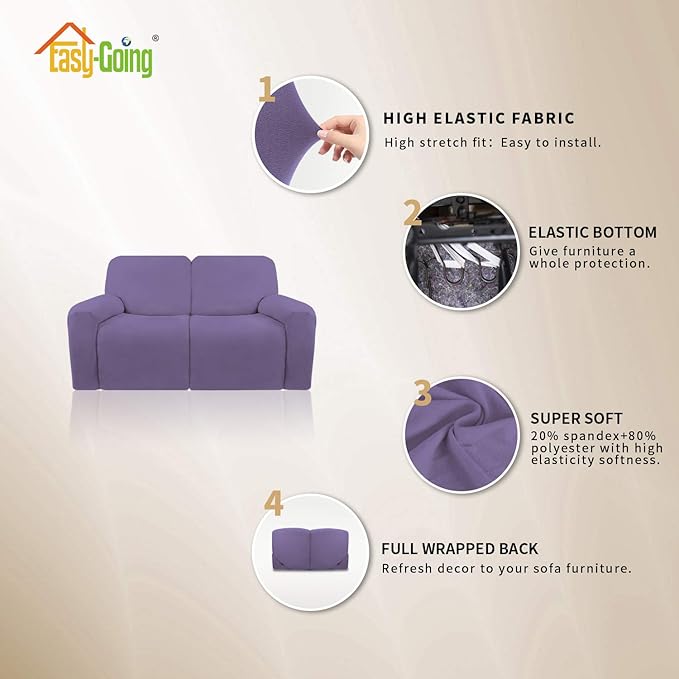 Easy-Going 6 Pieces Microfiber Stretch Sectional Recliner Sofa Slipcover Soft Fitted Fleece 2 Seats Couch Cover Washable Furniture Protector with Elasticity for Kids(Recliner Loveseat, Purple)