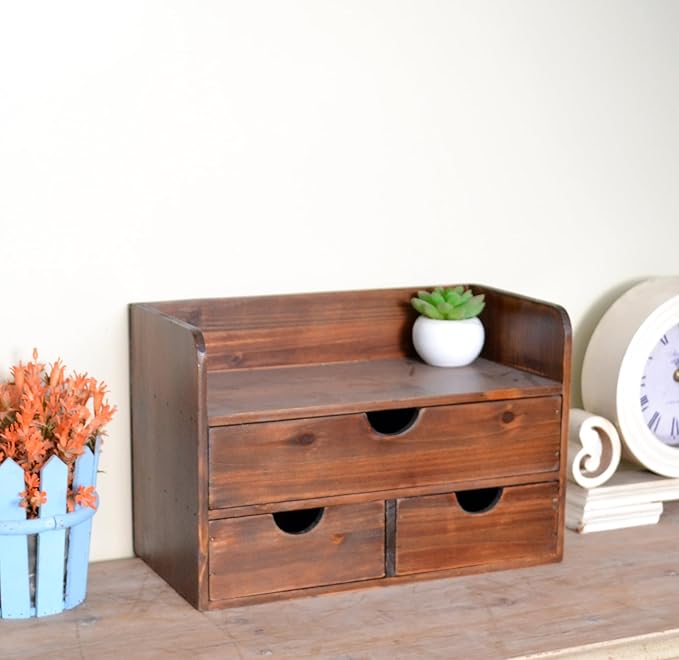 Vintage Rustic Brown Wooden 3 Drawer with Shelf Office Desk Organizer & Mail Rack For Desktop,Box for Office Home Toiletries Supplies Vanity, No Assembly Required (Brown)