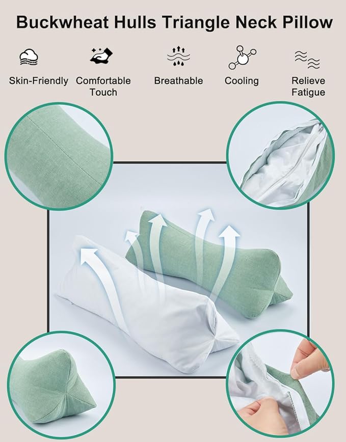 Breathable Buckwheat Cervical Neck Support Pillow, Triangle Pillows for Neck Pain Relief, Adjustable Height Cool Sleep Cylinder Bolster Pillow, Removable Washable, Green 15 X 5 Inches