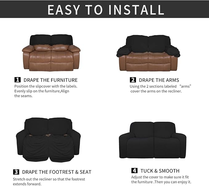 Easy-Going 6 Pieces Microfiber Stretch Sectional Recliner Sofa Slipcover Soft Fitted Fleece 2 Seats Couch Cover Washable Furniture Protector with Elasticity for Kids(Recliner Loveseat, Black)