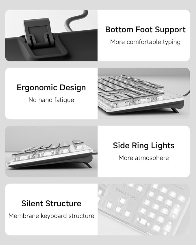 EWEADN GX710S Backlit Computer Keyboards, Wired USB Keyboard with White Backlit, Metal Panel, Plug and Play, Pudding Keycaps Full Size Quite Computer Keyboard for Win/PC/Laptop-Black