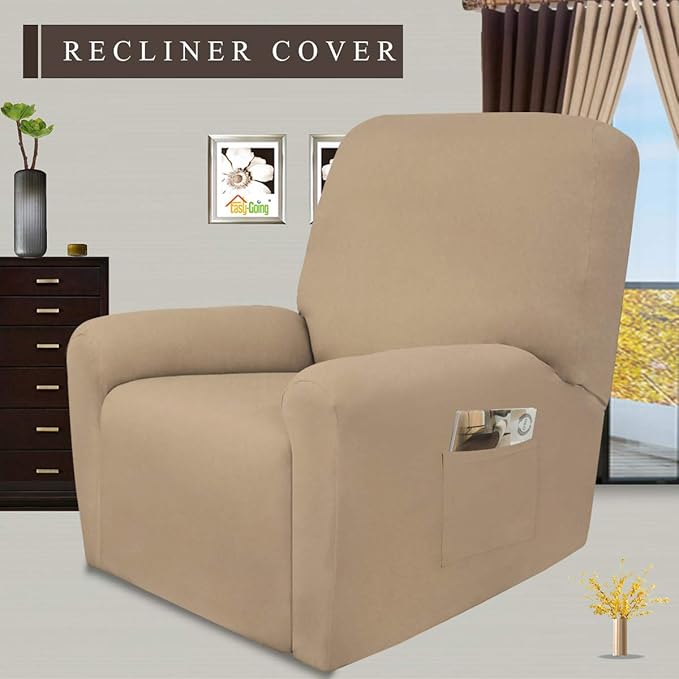 Easy-Going 4 Pieces Microfiber Stretch Recliner Slipcover – Spandex Soft Fitted Sofa Couch Cover, Washable Furniture Protector with Elastic Bottom for Kids, Pet(Recliner, Pale Yellow)
