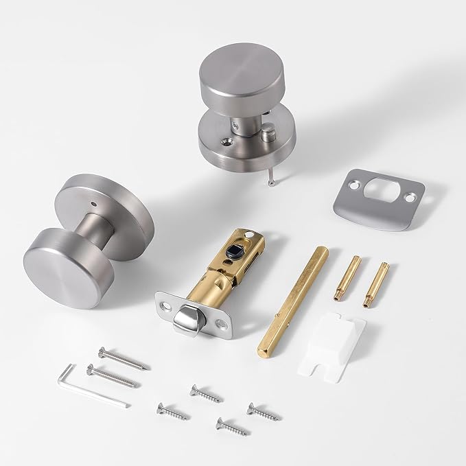 Brushed Nickel Door Knobs Interior, Satin Nickel Privacy Door Knob Interior with Lock, Round Modern Keyless Bedroom and Bathroom Door Handles