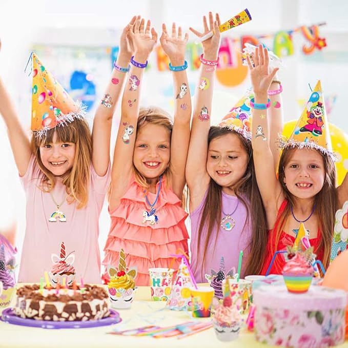72Pcs Unicorn Party Favors Birthday Supplies for Girls Unicorn Silicone Bracelets Necklaces Rings Keychains Tattoos Rainbow Unicorn Gifts Toys Unicorn Party Supplies Gift Goodie Bag Fillers