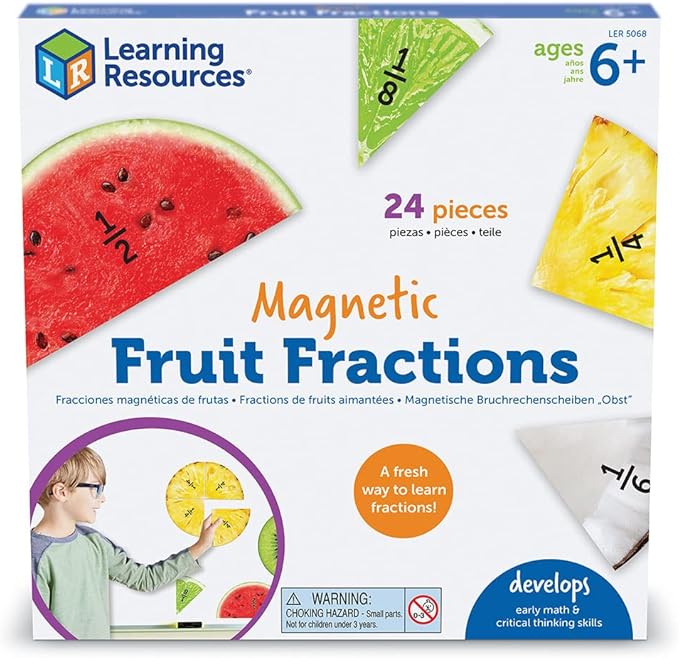 Learning Resources Magnetic Fruit Fractions, Number Learning for Kids Math, Montessori Math, Games for Kids, Educational Indoor Games, 24 Pieces, Age 6+