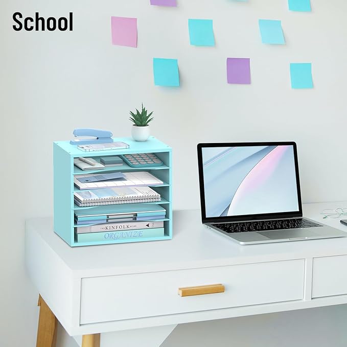 5-Tier Wood Desk Organizer, Paper Tray Organizer for Desk with Adjustable Storage Shelves, Desktop File Organization Paper Sorter Mail Holder for Office Home Classroom, Blue