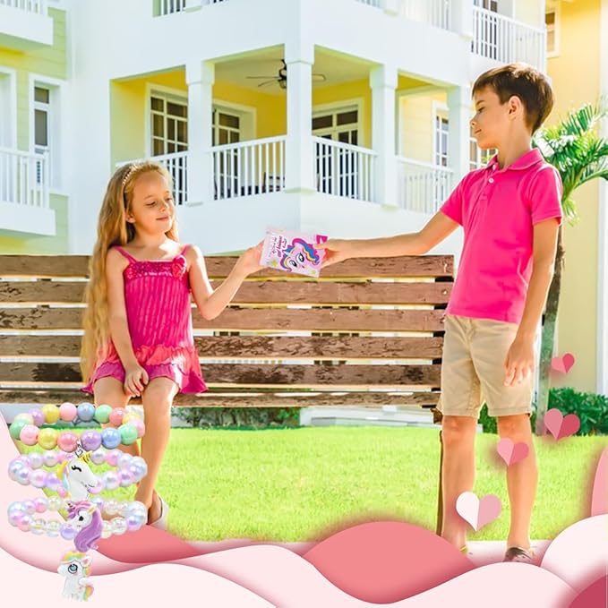 28PCS Valentines Day Gift Cards with Rainbow Unicorn Beaded Bracelets, Colorful Unicorn Beads Bracelet Toys for Valentine's Party Favors