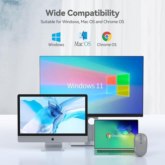 TECKNET Wireless Mouse, 2.4G Quiet Computer Mouse with USB Receiver, 4 Buttons Portable Cordless Mice for Chromebook, Laptop, PC, Mac, 800/1200/1600 DPI - Grey