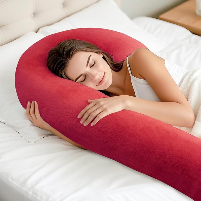 Body Pillow for Adults - Soft Long Bed Pillows Insert for Sleeping - Shredded Memory Foam and Removable Washable Cover - Swan Shaped Side Sleeper Pregnancy Pillow 49 Inch (Red)