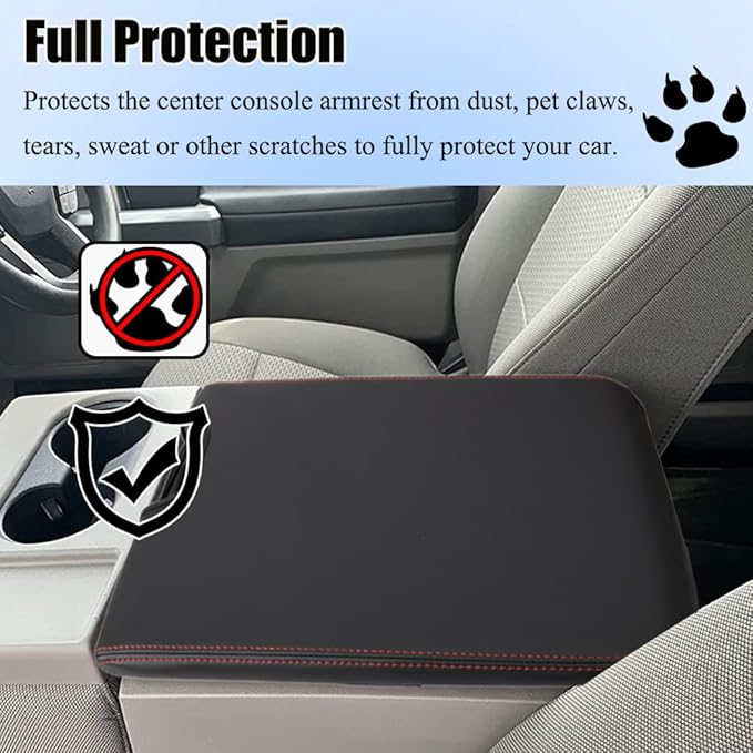 XITER 1PC Leather Center Console Armrest Cover Waterproof Protector Cover for 2015-2026 F150 2017-2026 F250 F350 F450 Super Duty with 40/20/40 Jump Seat(Red+Black)