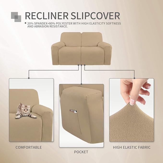 Easy-Going 6 Pieces Microfiber Stretch Sectional Recliner Sofa Slipcover Soft Fitted Fleece 2 Seats Couch Cover Washable Furniture Protector with Elasticity for Kids(Recliner Loveseat, Pale Yellow)