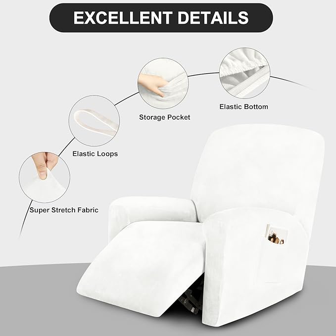 Festicorp Recliner Chair Covers Real Velvet 4-Pieces Recliner Covers for Small Lazy Boy Recliner Chair Stretch Recliner Sofa Slipcovers Furniture Protector with Side Pocket & Elastic Bottom, Off White