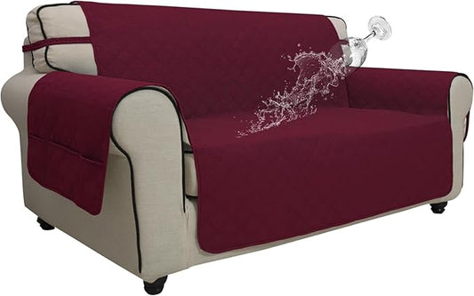 Easy-Going Waterproof Oversized Loveseat Covers Leakproof Couch Cover for 2 Cushion Couch Sofa Cover Washable Sofa Slipcover Non-Slip Furniture Protector with Pocket for Pets (Medium-XL, Wine)