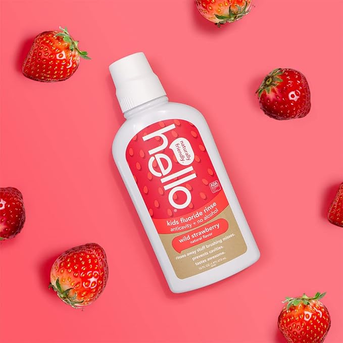 Hello Kids Wild Strawberry Natural Flavor Anticavity Fluoride Rinse - Vegan, Alcohol Free, and SLS Free Mouthwash for Children Age 2 and Up - 16 Ounce (Pack of 3)