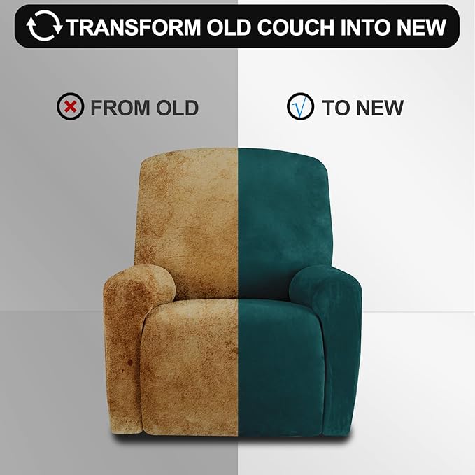 FestiCorp Recliner Chair Covers Real Velvet 4-Pieces Recliner Covers for Small Lazy Boy Recliner Chair Stretch Recliner Sofa Slipcovers Protector with Side Pocket & Elastic Bottom, Emerrald Green