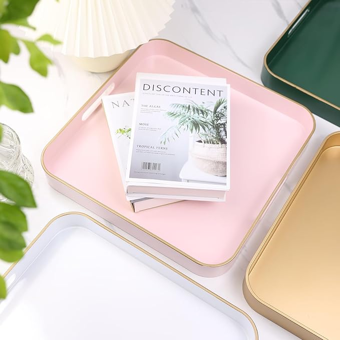 Omuriko Green Square Decorative Tray with Handles, 13"*13" Versatile Serving Tray for Coffee Table, Ottoman, Ideal for Serving, Displaying, Organizing