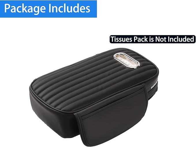 WEIHAO Car Armrest Cushion- Thick Padding 13x7.5x3.15 inch, Car Center Console Cover with Storage Pockets & Tissues Packs Slot, Leather Arm Rest Cover Pad for Cars, SUVs, Most Vehicles (Black-1PC)