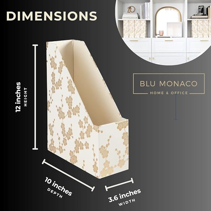 BLU MONACO | Set of 4 Foldable Magazine Storage Boxes with Gold Floral Pattern | Decorative Vertical File Organizers with Gold Label Holders for Desk, Shelves & Home Office