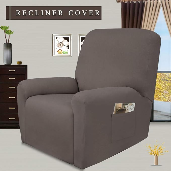Easy-Going 4 Pieces Microfiber Stretch Recliner Slipcover – Spandex Soft Fitted Sofa Couch Cover, Washable Furniture Protector with Elastic Bottom for Kids, Pet(Recliner, Taupe)