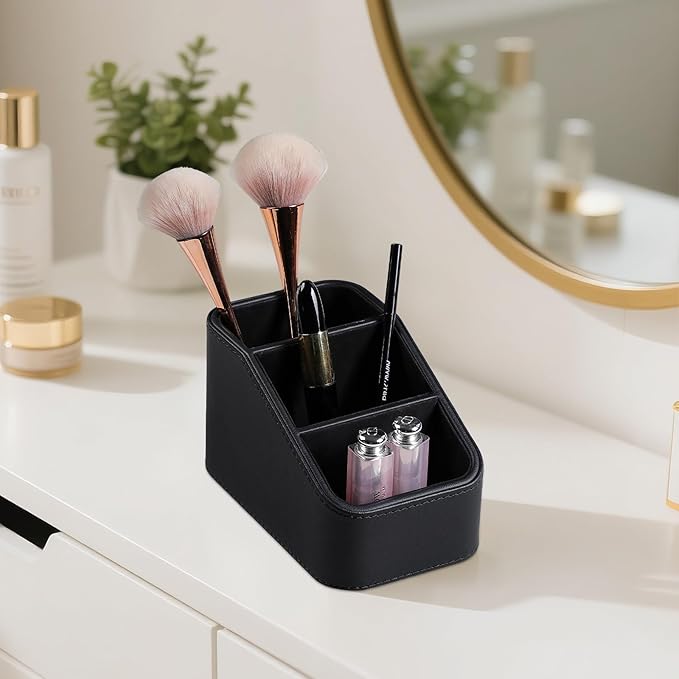 PU Leather Remote Control Holder, Small Desk Organizer Office Supply Bedside Caddy for Nightstand End Table Couch, Pen Remote Organizer with 3 Compartments (Black)