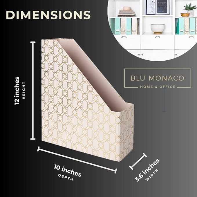 BLU MONACO | Set of 4 Foldable Pink & Aqua Magazine File Holders with Gold Geometric Patterns | Vertical File Organizer Boxes with Gold Label Holders for Home & Office