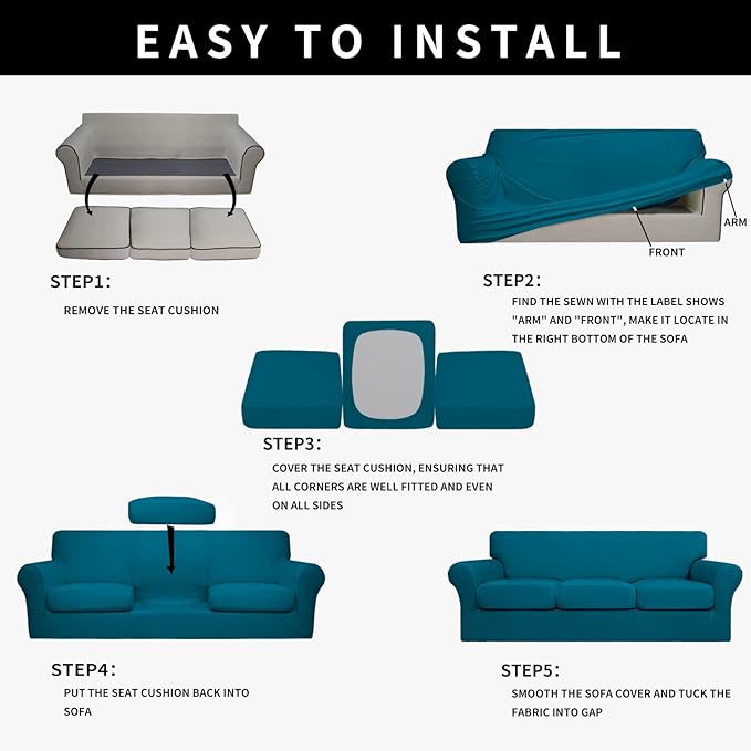 Easy-Going 100% Dual Waterproof Stretch Soft Couch Cover for Dogs, Sofa Slipcover for 3 Separate Cushion Couch Leakproof Furniture Protector for Kids, Pets Peacock Blue