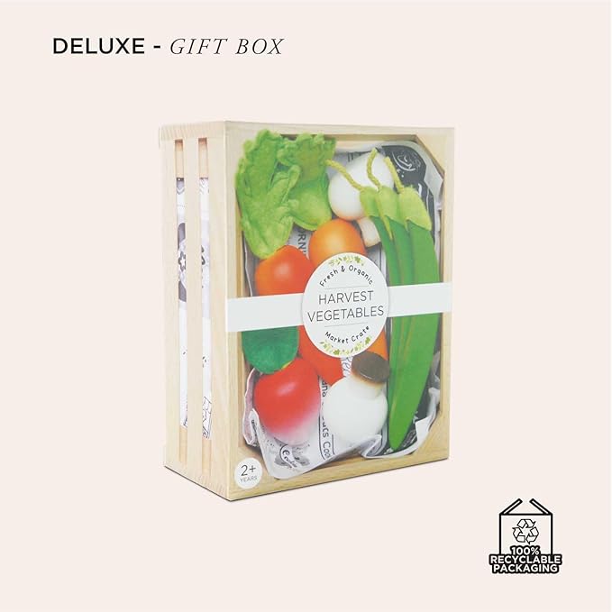 Le Toy Van - Wooden Honeybee Market Vegetables '5 a Day' Crate | Fun Role Play Supermarket Pretend Play Shop Food | Great Gift for Boys Or Girls, Harvest Vegetables Crate (TV182)