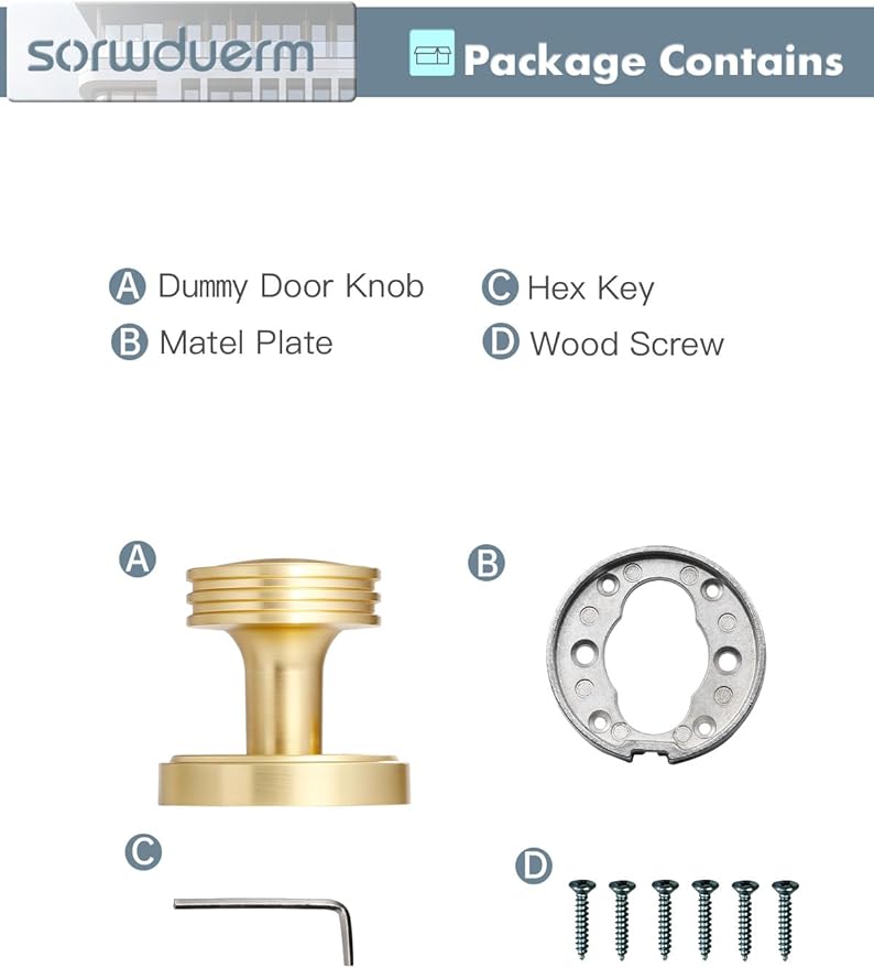 4 Pack Dummy Gold Door Knobs Satin Brass Interior Dummy Door Handle Single Sided Decorative,Zinc Alloy