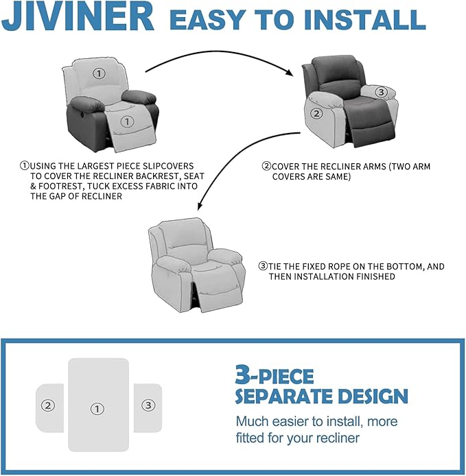 JIVINER 3 Piece Recliner Chair Cover Stretch Lazy Boy Non Slip Covers for Recliner with Pockets Soft Jacquard Reclining Sofa Slipcovers Furniture Protector with Elastic Bottom (1 Seater, Black)